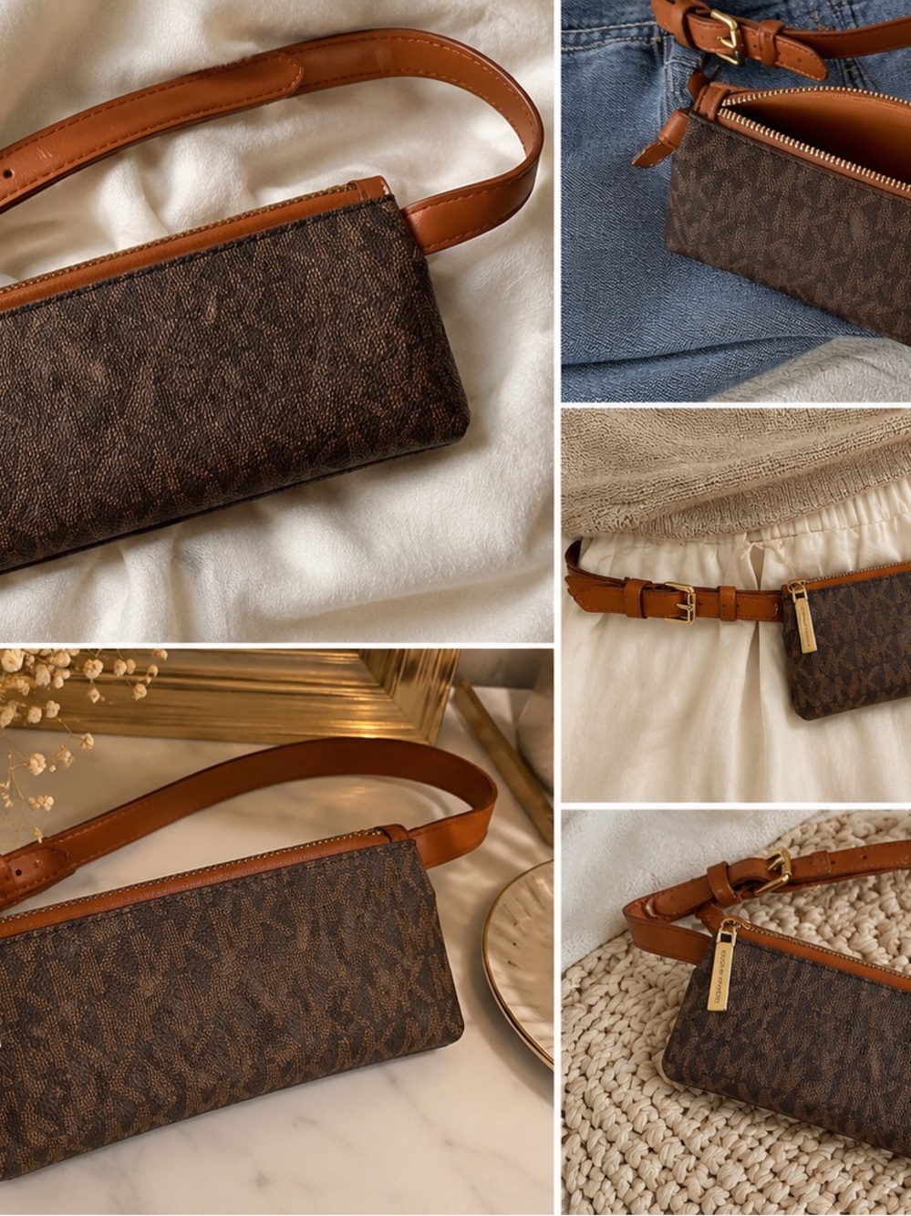 Michael Kors MK Signature Belt Bag Waist Purse Brown Cognac